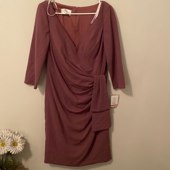 Oleg Cassini Knee Length Crepe Dress with Cascade in Color Chianti [Size: 14] - Picture 2 of 16